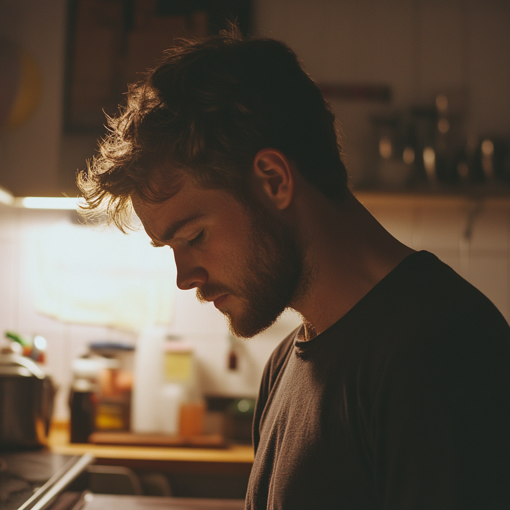 Un homme sérieux qui regarde vers le bas dans sa cuisine | Source : Midjourney