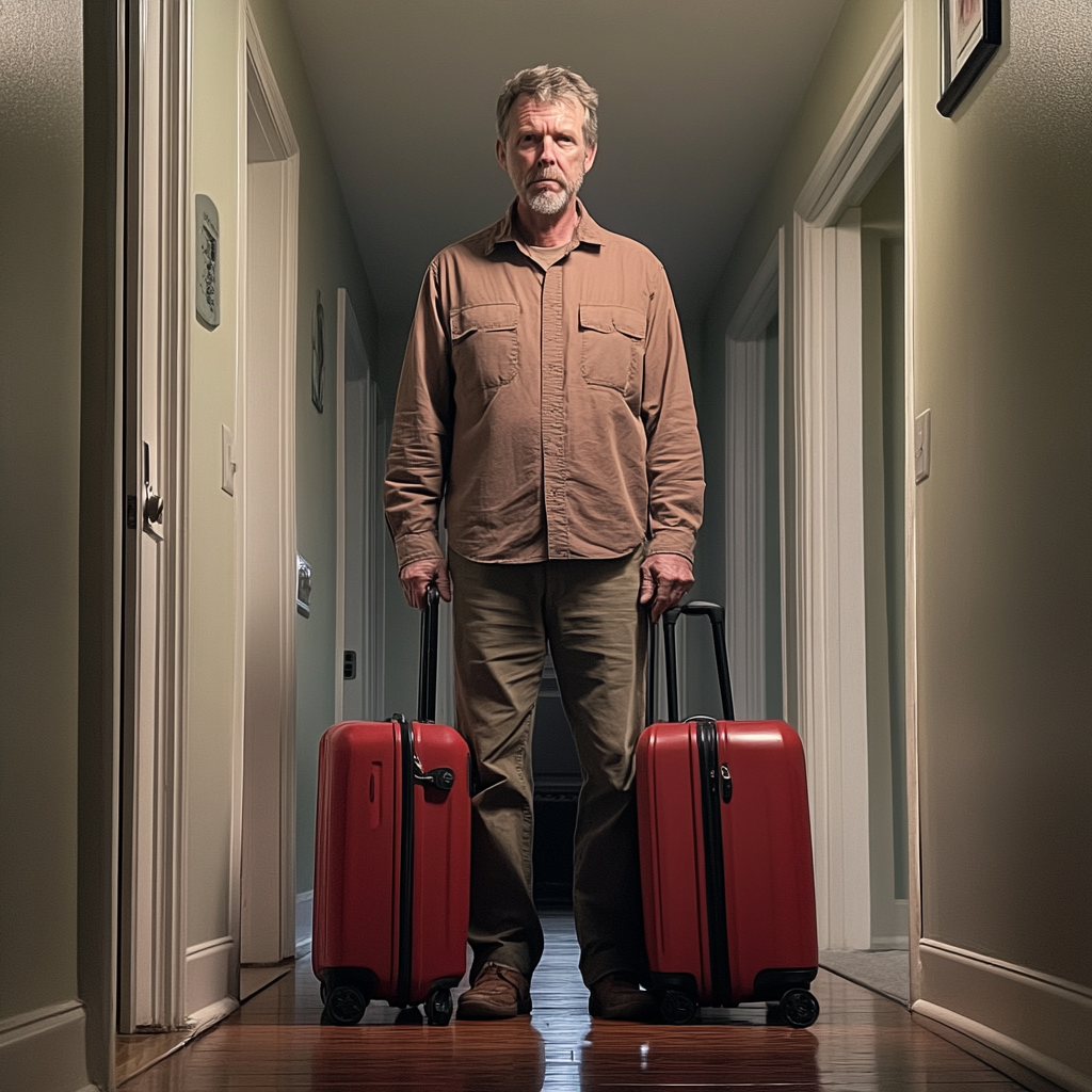 Un homme debout dans un couloir avec des valises | Source : Midjourney