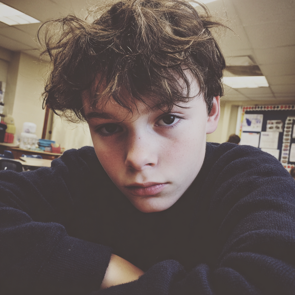 Un garçon assis dans une salle de classe | Source : Midjourney