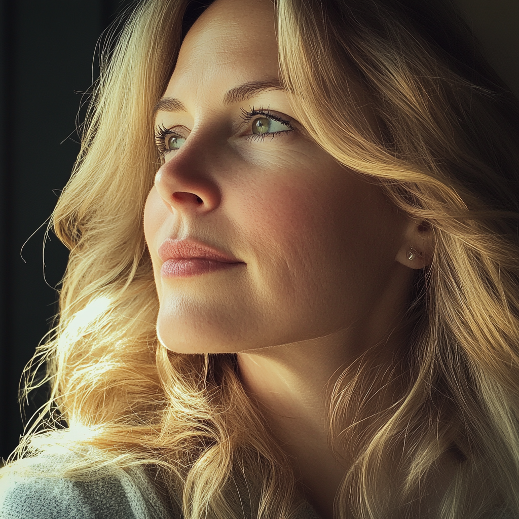 Une femme souriante qui regarde sur le côté | Source : Midjourney