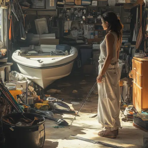 Une femme debout dans un garage encombré, arpentant du matériel de pêche et un bateau | Source : Midjourney