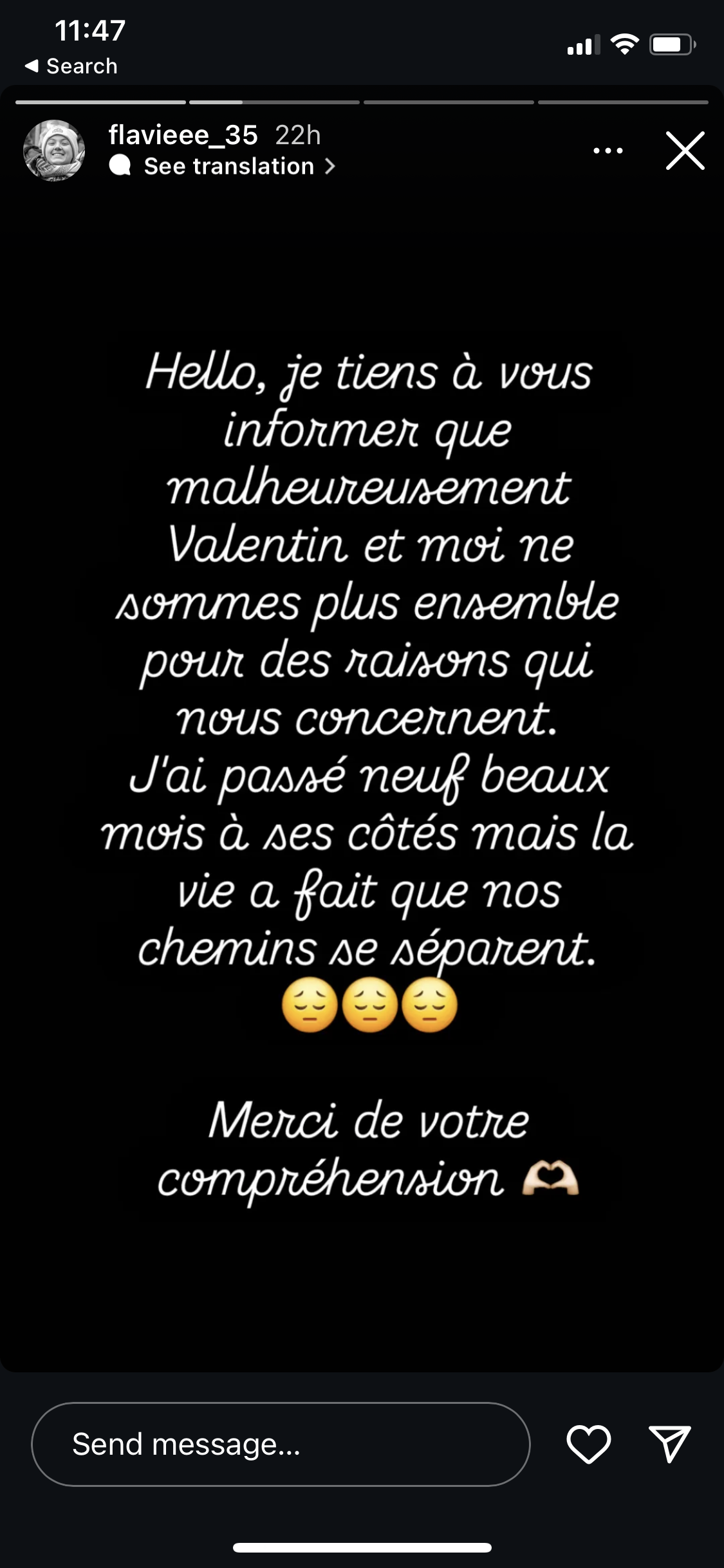 Post de Flavie sur sa séparation avec Valentin | Source : capture Instagram