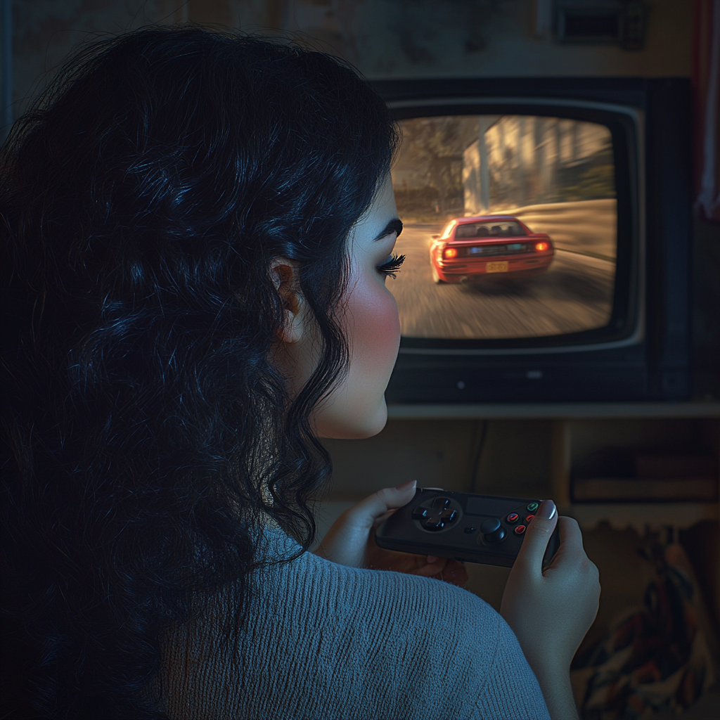 Rear shot of a woman playing a video game alone | Source: Midjourney