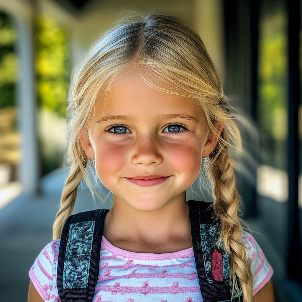 Une petite fille souriante avec un sac à dos | Source : Midjourney