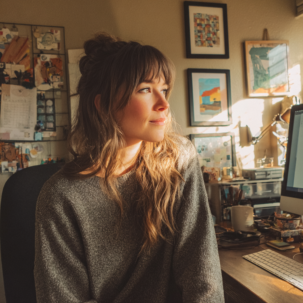 Une femme assise à son bureau dans un bureau à domicile | Source : Midjourney