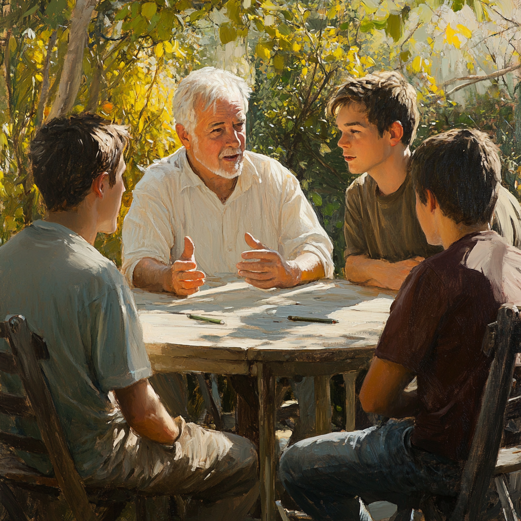 Un homme âgé en train de discuter avec ses fils | Source : Midjourney