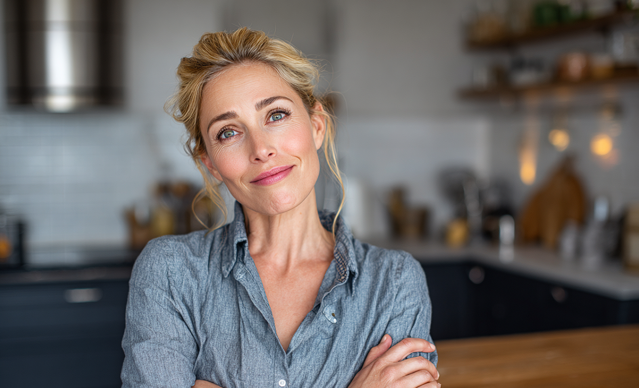 Une femme dans une cuisine qui sourit à quelqu'un | Source : Midjourney