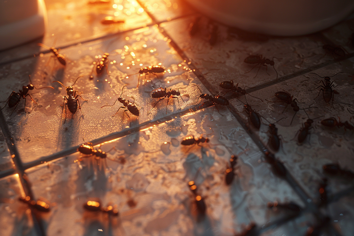 Gros plan d'une armée de fourmis sur le sol d'une salle de bain | Source : Midjourney