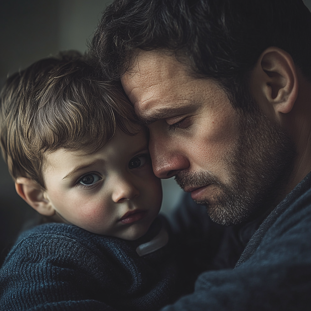 Un homme épuisé avec son fils | Source : Midjourney