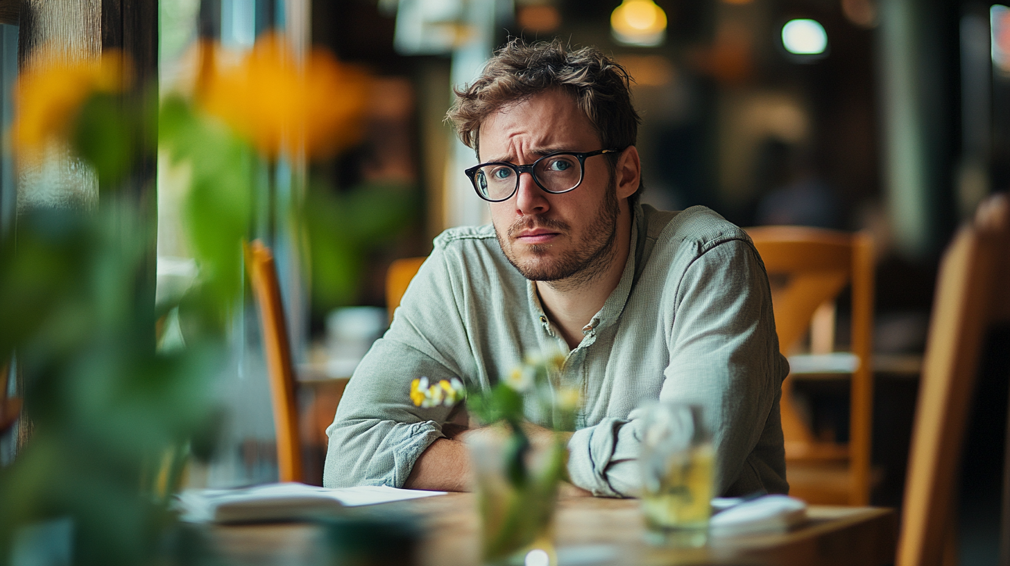 Un homme portant des lunettes qui attend dans un café | Source : Midjourney