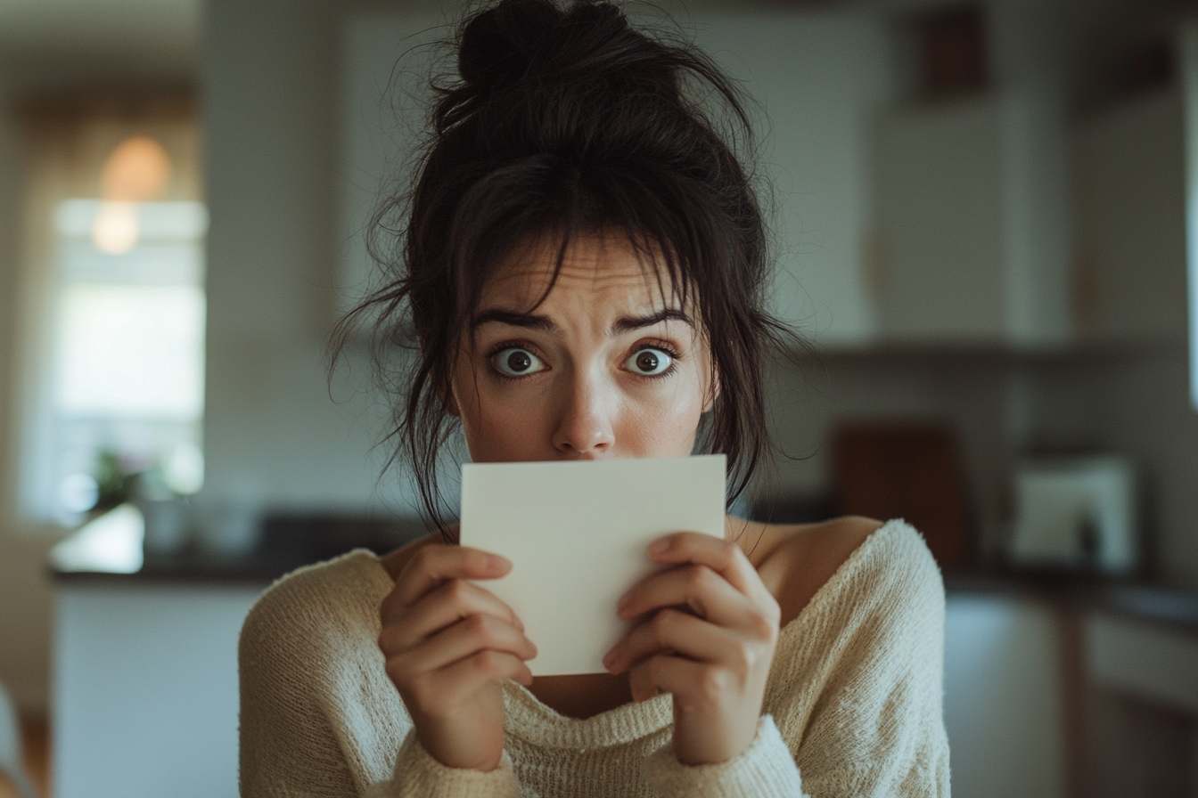 A shocked woman holding a note | Source: Midjourney