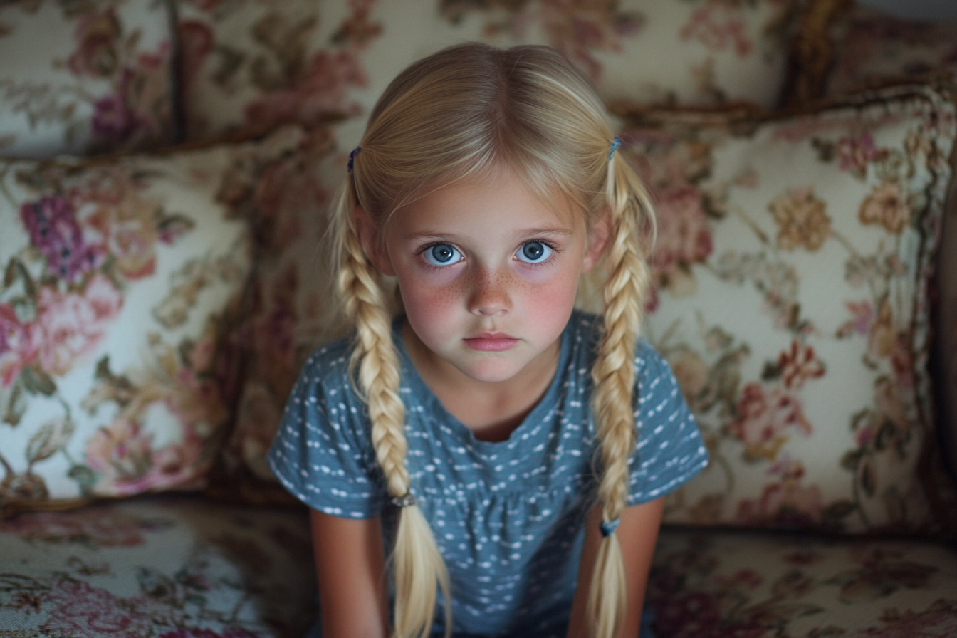 Une petite fille sur un canapé qui a l'air curieux | Source : Midjourney